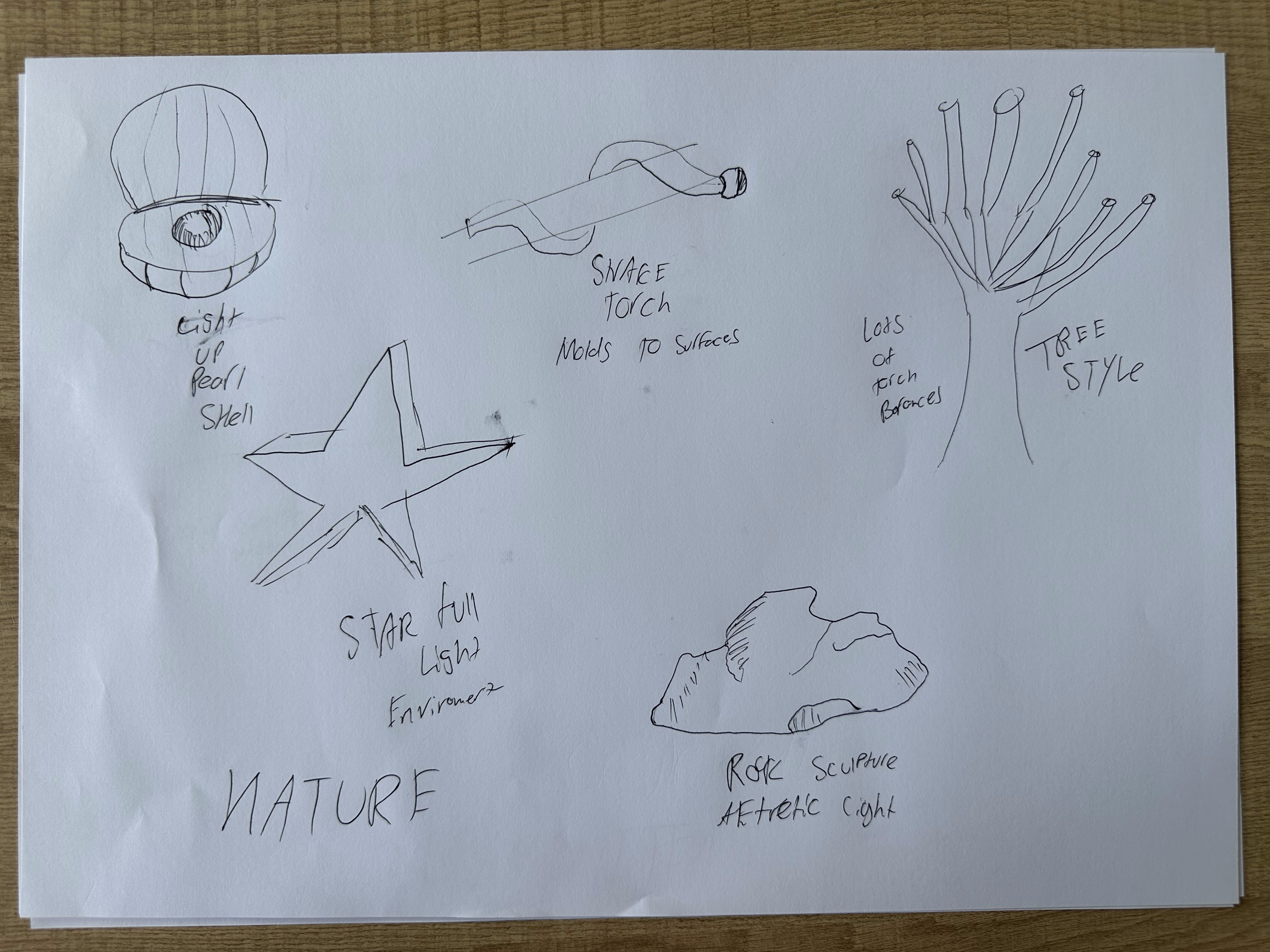 Nature-inspired torch ideation sketches: shell, star, snake torch, rock, tree style